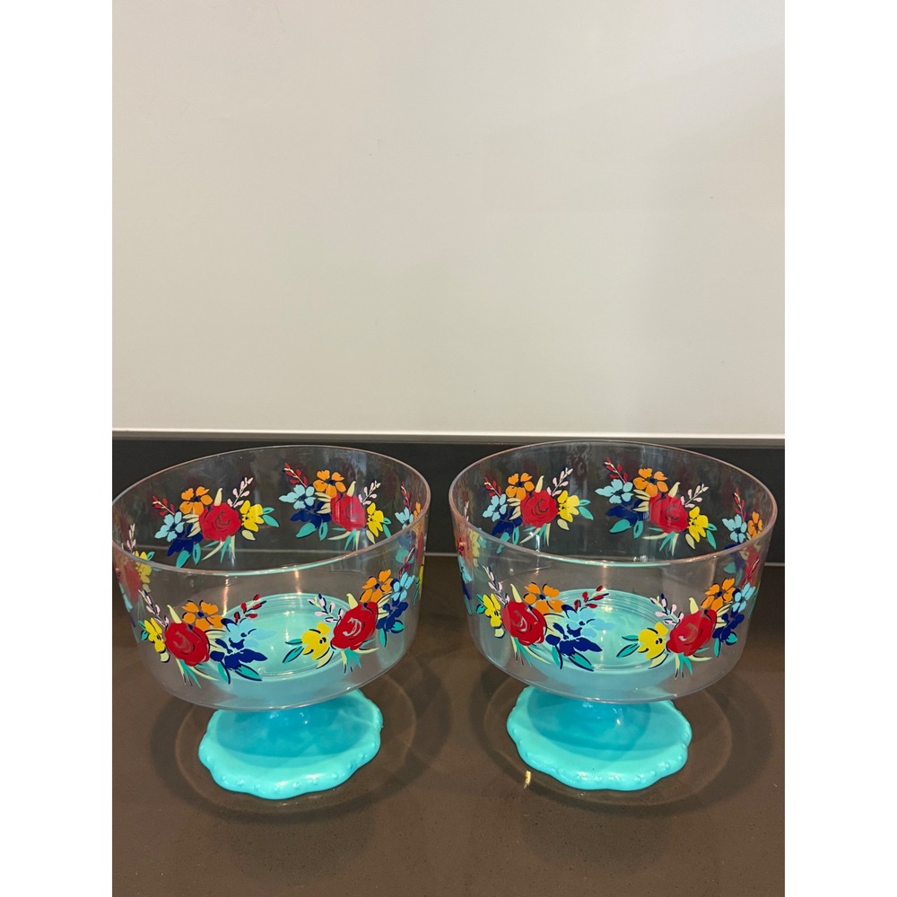 Pioneer Woman Birthday Floral Footed Snack Bowls Set of 2 Turquoise Melamine